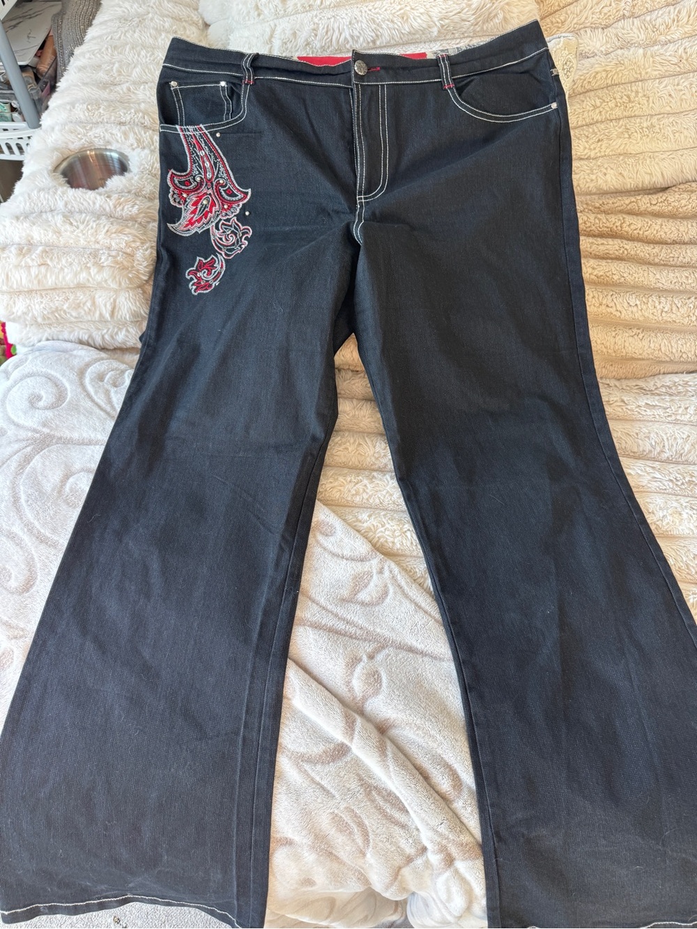 Wide Leg Black Jeans with Red Embroidered Accent